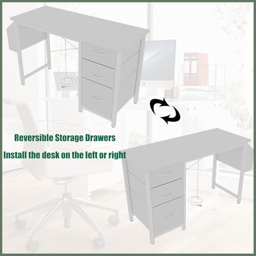 Reversible Computer Desk Gaming Desk with Power Outlet and 47" Desktop, Modern Writing Study Work Table with 3 Fabric Drawers and Extra Large Side Pocket for Bedroom, White