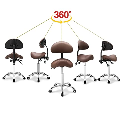 Kaleurrier Saddle Stool with Back Rest,Swivel Rolling Saddle Chair - color: Coffee, style: With Back