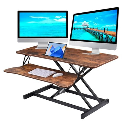Standing Desk Converter 38 Inch, Height Adjustable Sit to Stand Workstation, Dual Monitor and Laptop Riser with Wide Keyboard Tray, Ergonomic Desk Topper for Home Office School, Brown - color: Tiger Brown
