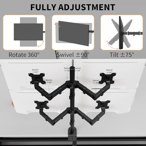 Black Quad Monitor Arm Mount for 13-27 Inch Screens | Ultrawide Screens Up to 34 inch Fully Adjustable Stand with C-Clamp/Grommet Base Max VESA 100x100 Each Screen Capacity 22lbs - size: 4 Arms for 13"-27"