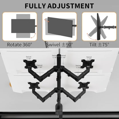 Black Quad Monitor Arm Mount for 13-27 Inch Screens | Ultrawide Screens Up to 34 inch Fully Adjustable Stand with C-Clamp/Grommet Base Max VESA 100x100 Each Screen Capacity 22lbs - size: 4 Arms for 13"-27"