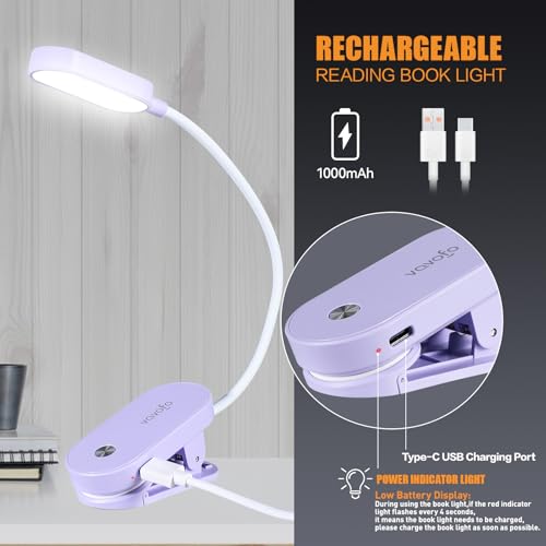 VAVOFO Rechargeable Book Light, 14 LEDs Eye Care Clip On Amber Reading Light for Bookworms Reading in Bed with 9 Colors 9 Brightness (Purple) - color: Purple