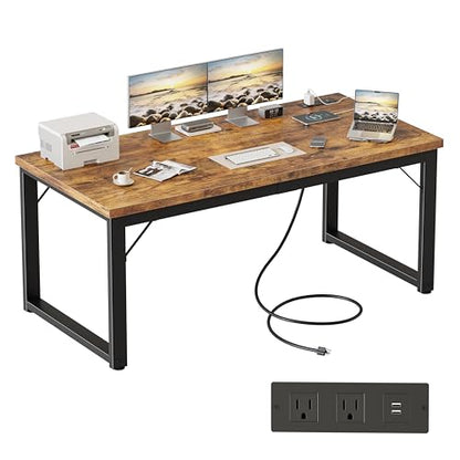 Mericonia 54 Inch Computer Desk with Power Outlets, 1.2" Thick Office Table - color: Brown, size: 54",1.2"T