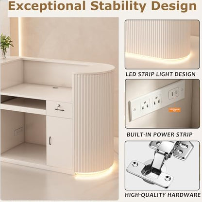 Modern Reception Desk with Counter - Curved Front Checkout Page with Led Lighting, Lockable Drawers, Hidden Cable Management and Wood Construction, Salon Reception Desk for Beauty Salons - color: Milky White