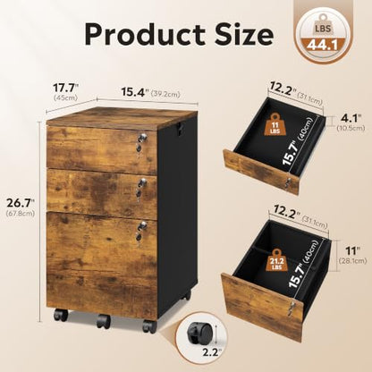 DEVAISE 3 Drawer Wood File Cabinet with Individual Locks, Rustic Brown - color: Rustic Brown