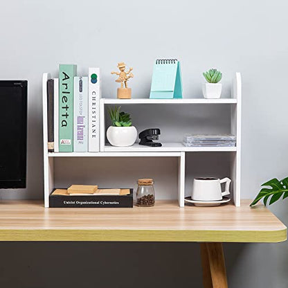 Desktop Adjustable Natural Wood Book Shelf Organizer Office Storage Rack Display Stand Caddy Set Expandable Desk Organizer (White) - color: White
