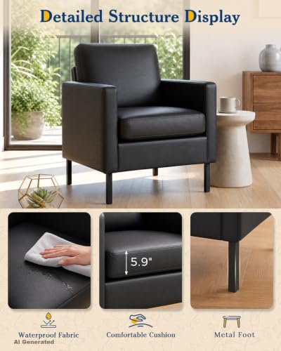 Mid Century Black Leather Mordern Accent Chairs Set of 2 for Living Room | AODAILIHB Cloud Small Sofa With 2 Side Pockets Thick Cushion, Comfy Couch with Metal Leg for Office/Waiting Room/Bedroom/Dorm - size: 2 chairs