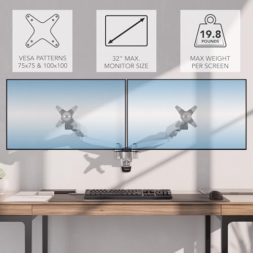 Mount-It! CLiX Dual Monitor Wall Mount, Gas Spring, Silver | TAA-compliant arms for 2 monitors 13-32" up to 19.8 lbs each, VESA 75/100, effortless height adjustable aluminum.