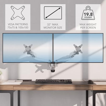 Mount-It! CLiX Dual Monitor Wall Mount, Gas Spring, Silver | TAA-compliant arms for 2 monitors 13-32" up to 19.8 lbs each, VESA 75/100, effortless height adjustable aluminum.