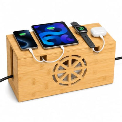 Bamboo Extra Large Cable Management Box, 15.7 x 6.7 x 6.7in | Cable Management Box - Large Bamboo Cord Organizer for Desk and Home Office - Power Strip Hider with Ventilation