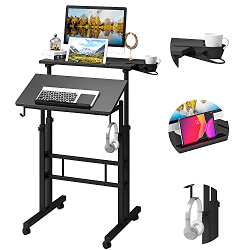 Klvied Adjustable Height Standing Desk with Cup Holder, Portable and Easy to Move, Ideal for Home or Office, Black - color: Black