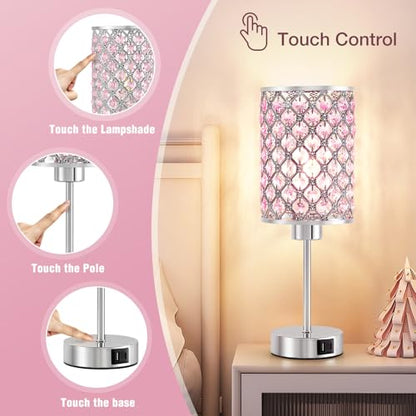 Crystal Table Lamp, Pink Touch Lamp with USB C+A Port, 3-Way Dimmable - color: Pink, size: 14.75"