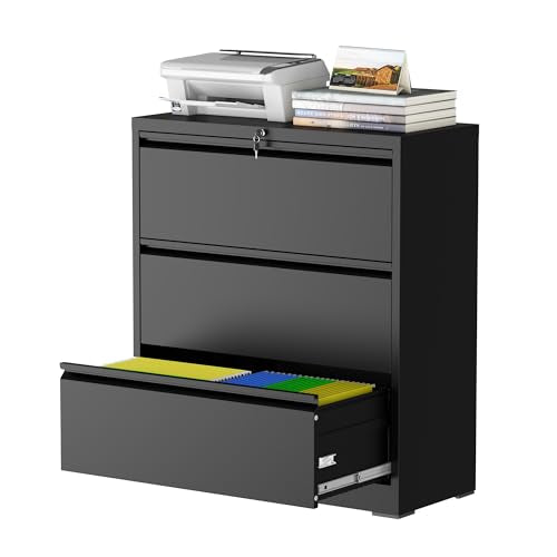 3 Drawer File Cabinet with Lock, Metal File Cabinet, Black - color: Black, size: 40.4"H - 3 Drawer