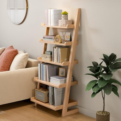 AQIMUELE Wooden Ladder Shelf with Edges, 5-Tier Modern Leaning Bookshelf Ladder – Stylish Space-Saving Bookcase for Living Room, Bedroom & Home Office - color: Natural, size: 5-Tier