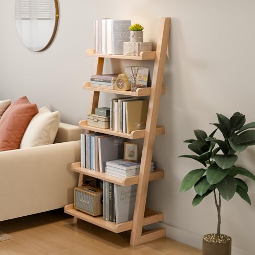 AQIMUELE Wooden Ladder Shelf with Edges, 5-Tier Modern Leaning Bookshelf Ladder – Stylish Space-Saving Bookcase for Living Room, Bedroom & Home Office - color: Natural, size: 5-Tier