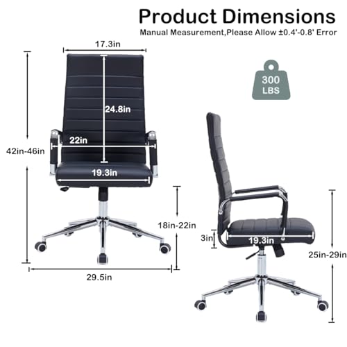 Black Leather Ribbed Office High-Back Desk Conference Chairs with Wheels | Ergonomic High-Back Executive Chairs with Wheels Adjustable Swivel Computer Task Desk Chair with Arms and Thick Padded Seat - color: Black, size: High Back