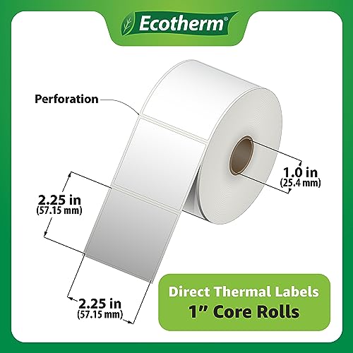 2.25" x 2.25" Thermal Labels | 4 Rolls | 2800 Labels | fits Zebra, Munbyn, Rollo, Godex, Arkscan, iDPRT, Offnova Thermal Label Printers and More | Blank White Adhesive Stickers by Ecotherm - size: 2.25 x 2.25 - 2800 Labels