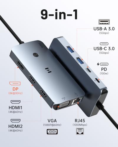 Selore USB C Docking Station Dual Monitor,Laptop Docking Station 3 Monitors - color: Dark Gray
