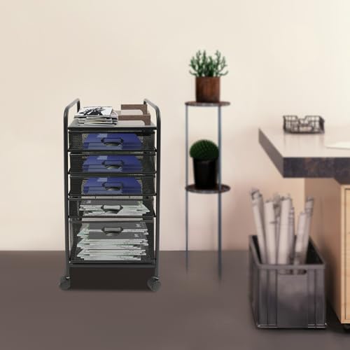 Rolling File Cabinet with 5 Drawers, Filing Cart Under Desk Storage Office Organizer with Table Top & Wheels, Utility Cart File Folder Printer Stand, L11.8×D15×H24.4in, Black - size: 5 Tier