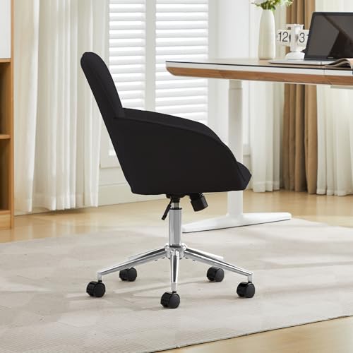 YITAI Velvet Office Desk Chair with Wheels and Silver Base,Modern Height Adjustable 360 Degree Swivel Upholstered Vanity Chairs with Arms for Living Room Bedroom, Study,Black - color: Silver Black