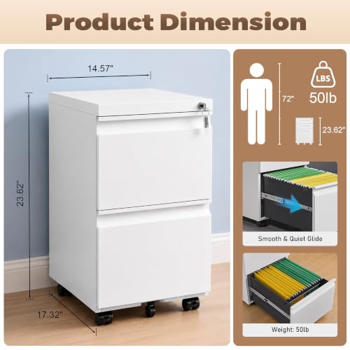 Approgreent 2 Drawer Metal File Cabinet, Fully Assembled Locking Filing Cabinet with Anti-Tipping Wheels, Quiet Slide, Heavy-Duty Steel Construction, Fits A4 Letter Legal for Home Office, Matte White - color: 03-b White
