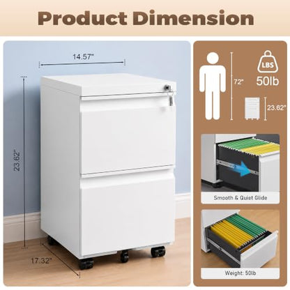 Approgreent 2 Drawer Metal File Cabinet, Fully Assembled Locking Filing Cabinet with Anti-Tipping Wheels, Quiet Slide, Heavy-Duty Steel Construction, Fits A4 Letter Legal for Home Office, Matte White - color: 03-b White