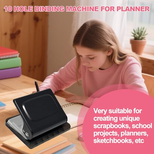 10 Hole Punch Binding Machine for Planner, Manual Binding System with 10 Multi-Color Binder Rings for Making 26 Holes on B5, 30 Holes on A4, 20 Holes on A5 Book, 10 Sheet Capacity - Black - color: Black