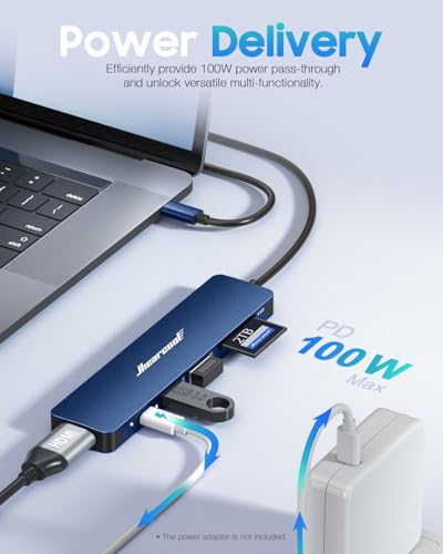 Hiearcool USB C Hub, 7-in-1 USB C Dongle for MacBook, HDMI, PD, Navy Blue - color: Navy Blue