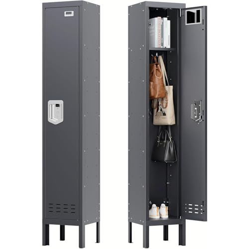 BUTISOW Metal Storage Locker with Lock & Card Slot Locker - Secure Lockable Door - Steel Locker for School, Office, Gym, Home - 66.15" H x 11.8" W x 11.8" D（1 Door, Grey） - color: Grey, size: 1 Door - (66.15" H x 11.8" W x 11.8" D)