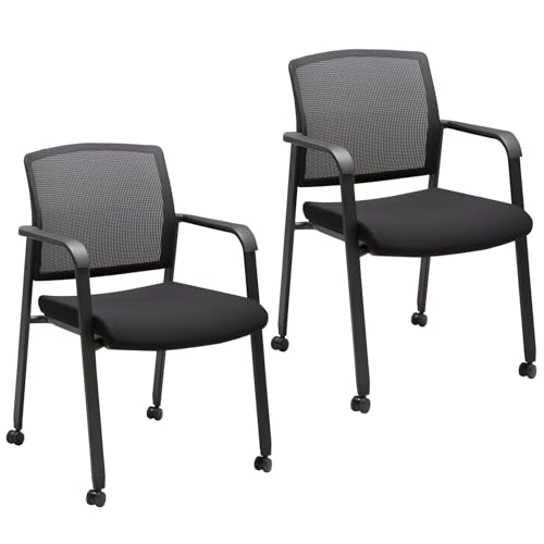 CLATINA Mesh Back Guest Reception Arm Chairs with Wheels, Waiting Room Chairs with Upholstered Fabric Seat and Ergonomic Lumbar Support for Office Conference School Church Black (2 Pack) - color: Black_wheels, size: 2pack