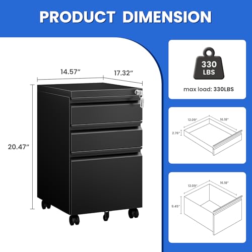 MIIIKO File Cabinet 3 Drawers on Wheels Under Desk, Black Metal Rolling File Cabinets with Lock for Home Office, Un-Assembled Filing Cabinet with Lock - color: Black, size: 3 Drawer-14.57"W -Mobile-a