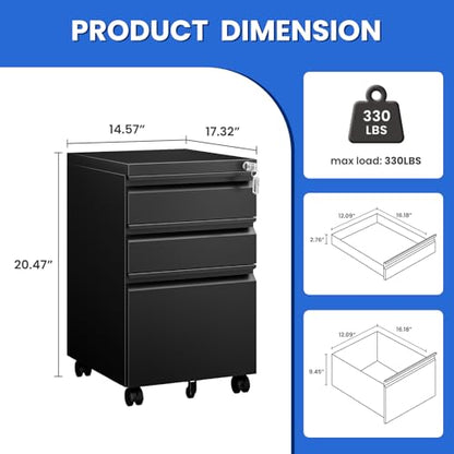 MIIIKO File Cabinet 3 Drawers on Wheels Under Desk, Black Metal Rolling File Cabinets with Lock for Home Office, Un-Assembled Filing Cabinet with Lock - color: Black, size: 3 Drawer-14.57"W -Mobile-a