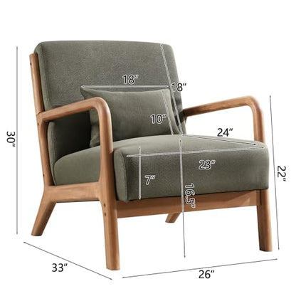 INZOY Mid Century Modern Accent Chair with Wood Frame, Upholstered Living Room Chairs with Waist Cushion, Reading Armchair for Bedroom Sunroom (Green) - color: A-blackish Green