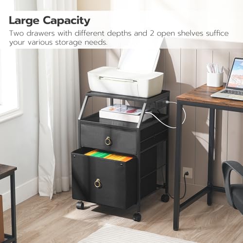 HOOBRO 2-Drawer Mobile File Cabinet, Filing Cabinet with Charging Station, Rolling Printer Stand with Open Storage Shelf, fits A4/Letter-Size for Home Office, Nonwovens Drawer, Black BB10UWJ01