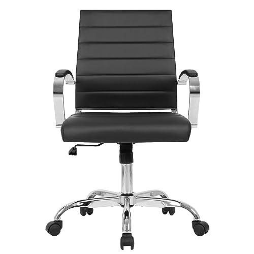 LANDSUN Home Office Chair Mid Back Desk Chair PU Leather Ribbed Executive Swivel Computer Chair with Wheels and Armrests Soft Padded Adjustable Height Conference Task Black