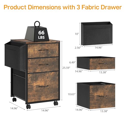 VINGLI 3 Drawer File Cabinet with Side Bag, Rolling File Cabinet Mobile Under Desk File Cabinet with Wheels, Fabric Drawers Printer Stand for Home Office, Fits Letter Size, Rustic Brown - color: Rustic Brown, size: Small 3 Drawers