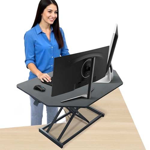 Aconcept 32 inch Black Corner Height Adjustable Standing Desk Converter, One-Click Sit to Stand up Desk Riser, Pre-Assembled for Dual Monitor and Laptop Workstation - color: Black, size: 32"