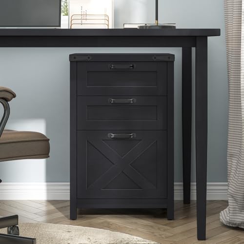 Halitaa Small Farmhouse File Cabinet with 3 Drawers for Home Office, Black | Halitaa Vertical Filing Cabinet Fits Letter and A4 Size, Farmhouse Printer Stand, Under Desk Wooden File Cabinet - color: Black, size: 3 Drawers