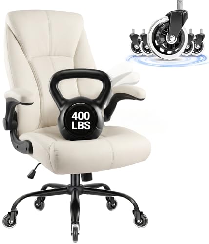 Big and Tall Office Chair for Heavy People, 400LBS High Back Extra Wide Executive PU Leather Office Chair with Flip-Up Armrests, Quiet Rubber Wheels, Comfortable Home Office Desk Chair (White) - color: White - Rubber Wheels