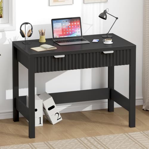 32 Inch Small Fluted Computer Desk with 2 Drawers for Bedroom, Home Office - color: Black, size: 32 Inch Desk