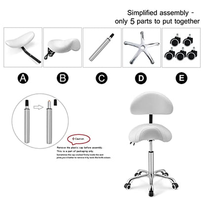 Kaleurrier Saddle Stool with Back Rest,Rolling Saddle Chair for Salon - color: White, style: With Back