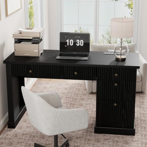 Garvee 54" Fluted Home Office Desk with File Drawer for Home Office - color: Black, size: 21.6"D x 54"W x 30"H