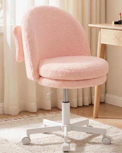 GTPOFFICE Vanity Chair with Back, Adjustable Tall Office Chair High Swivel Bar Stools Fluffy Cute Desk Chair Comfy with Wheels Bow Pillow Armlees for Adults Standing Desk Bar, Teddy Velvet, Pink - color: Tv-pink