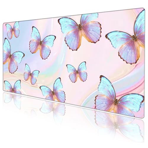 Butterfly Desk Pad Protector, Stitched Edges Mouse Pad, Large Office Mat, Non-Slip Blotter, Laptop Pad, Writing Pad for Office and Home (31.5" x 15.7") - color: A02-dreamy Butterfly