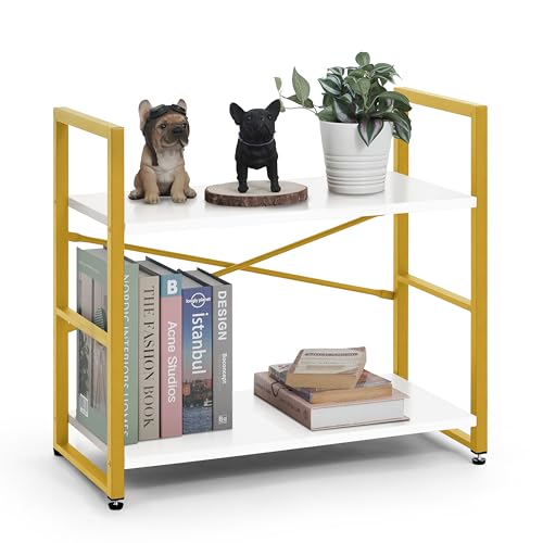 CAPHAUS 2 Tier Small Bookshelf, 24 Inch Width Free Standing Shelf, Bookcase Shelf Storage Organizer, Industrial Book Shelves for Home Office, Living Room, White Wooden Shelves & Gold Frame - color: Gold, size: 2-Tier