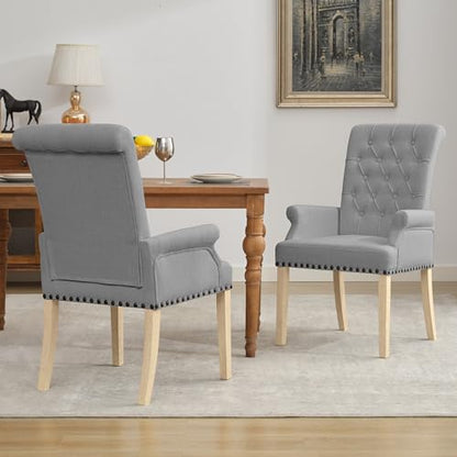 LOULENS Linen Dining Chair with Arms, Tufted Dining Room Chairs, Light Grey | Solid Wood Legs, Nailhead Trim, Accent Chair, Kitchen Chair - color: Grey-a, size: 1 PCS