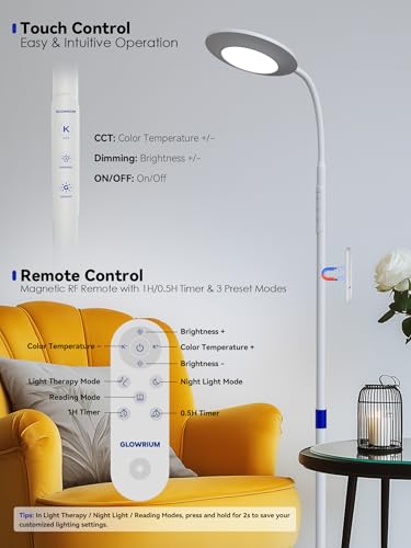 GLOWRIUM 48000 LUX Sunlight Lamp, 36W Task Floor Lamp, Reading Floor Lamp