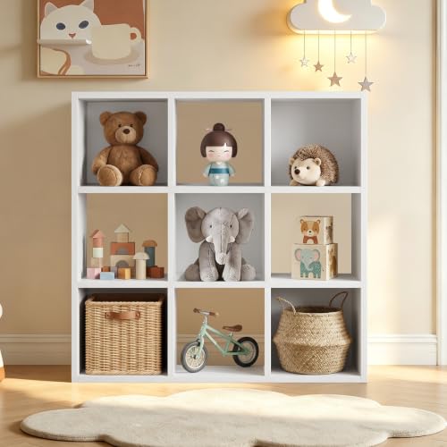 LUCKLIFE 9-Cube Storage Organizer, Modular Bookcase Shelf with Vertical or Horizontal Use, Fits 11×11" Bins, Optional Back Panels, for Living Room, Office, White - color: 9 Cube - White