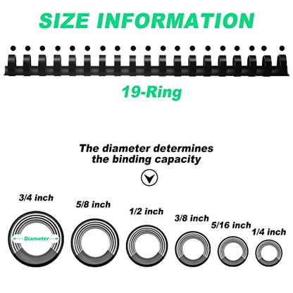 Yunsailing 150 Pack Plastic Binding Combs Plastic Binder Comb Ring 19 Ring Binding Spines Letter Size Spiral coils for Notebook Calendar(1/4 5/16 3/8 1/2 5/8 3/4 in,Black) - color: Black, size: 1/4 5/16 3/8 1/2 5/8 3/4 In