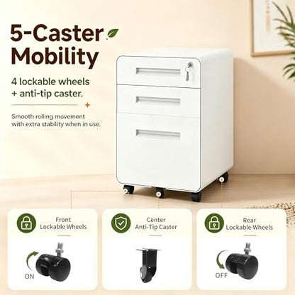 SAWJEC 3 Drawer File Cabinet with Lock, Rolling Under Desk Storage, White - color: 02l-white